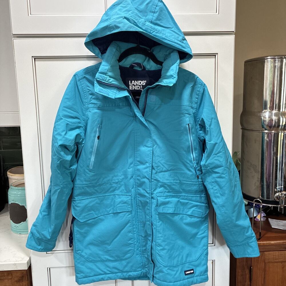 Lands’ End Women’s Squall Waterproof Coat Blue Teal XS Hooded Pockets Warm